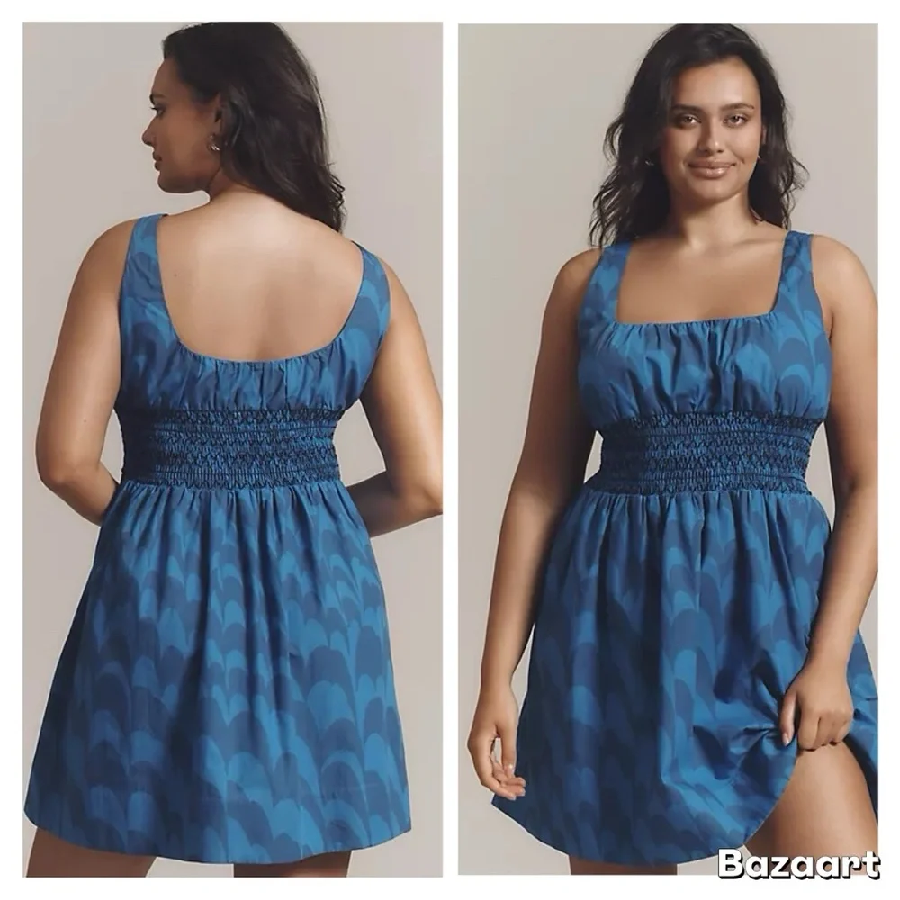 NWT Anthropologie Blue Sleeveless Smocked Square Neck Mini Dress – Size L - Picture 6 of 10
